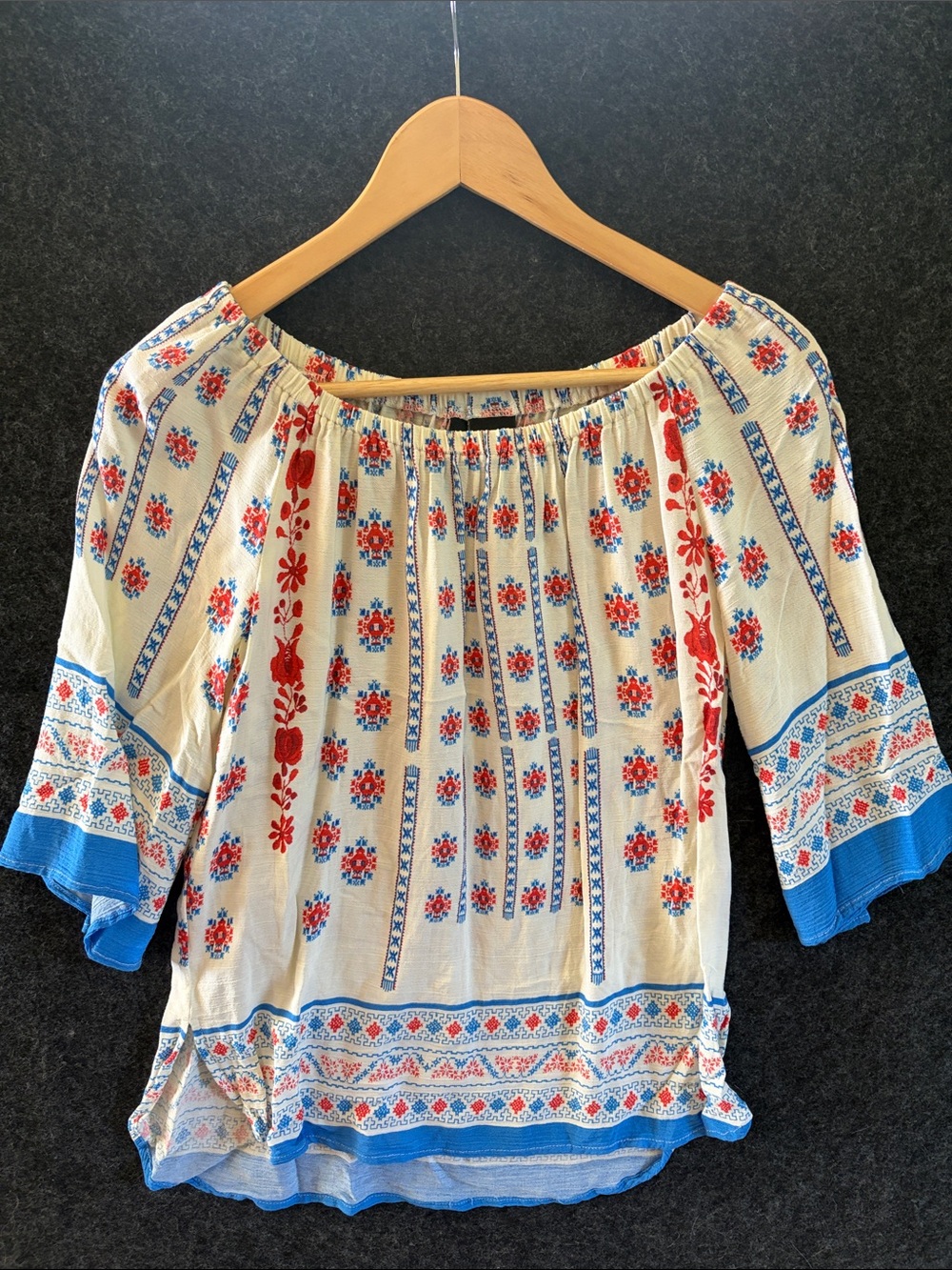 new directions Cream Peasant Tunic with Red & Blue Floral Print